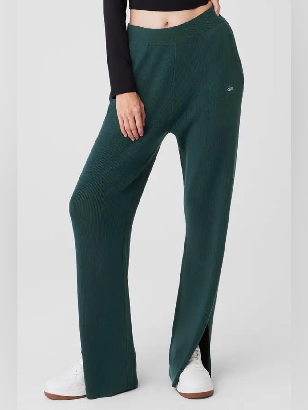 ALO Yoga Knit High Waist Salana Wide-Leg Pants Midnight Green Women's Size Small